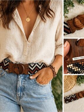 Handmade Beaded Belt w Wooden Buckle | Boho Tribal Stretch Belt | Indonesia